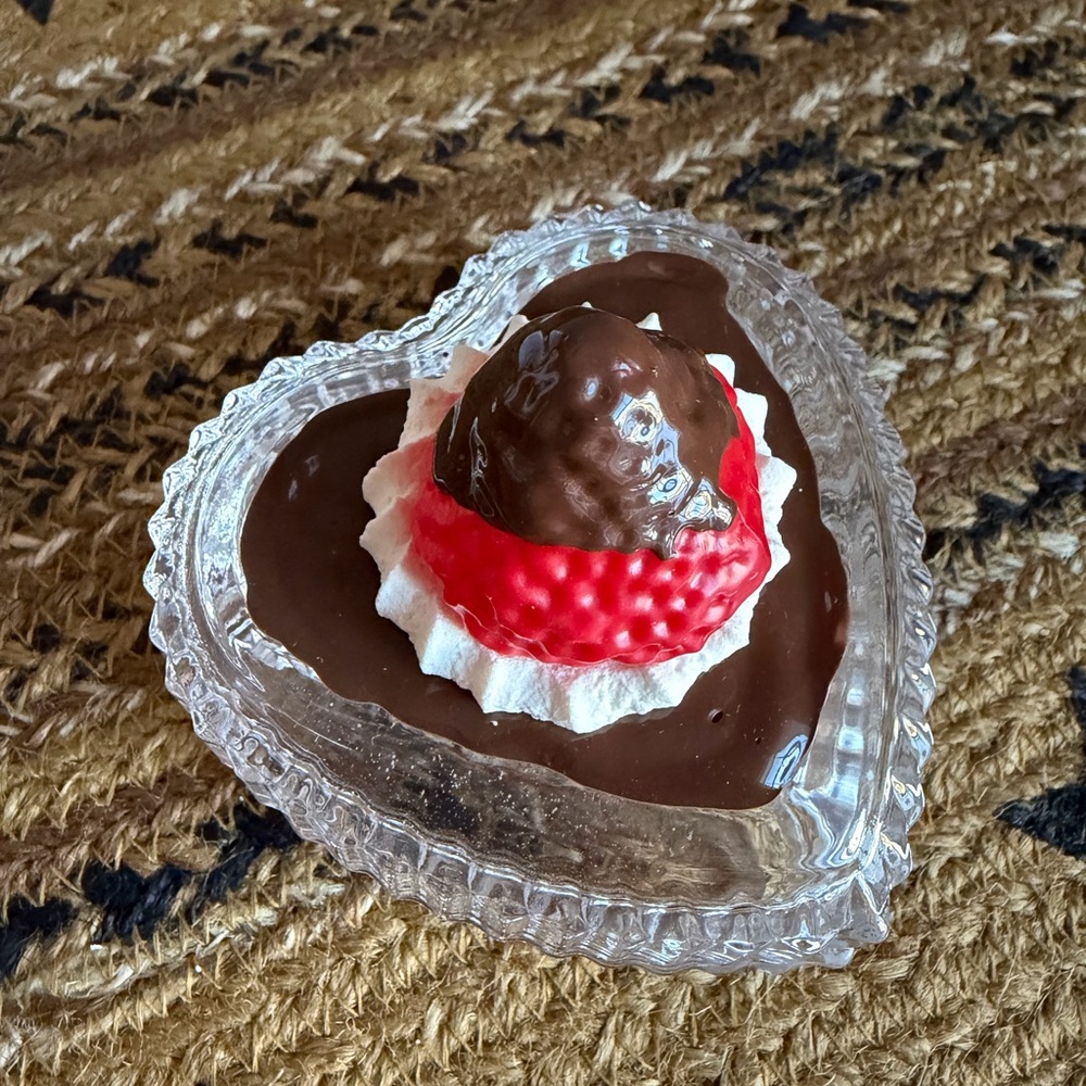 Heart-Shaped Glass Trinket Box with Chocolate Strawberry Design